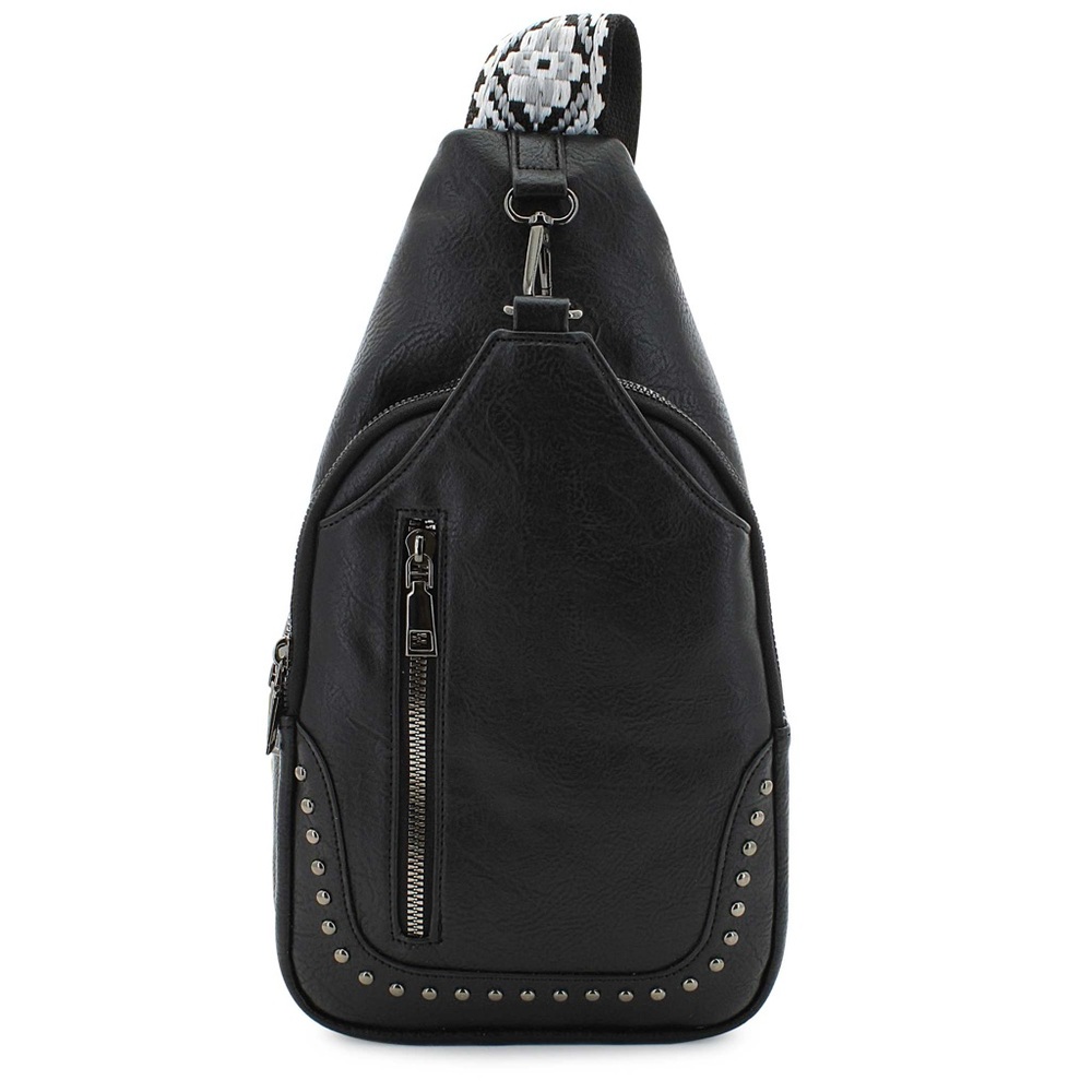 Sam & Hadley studded sling bag with a patterned guitar-style strap
